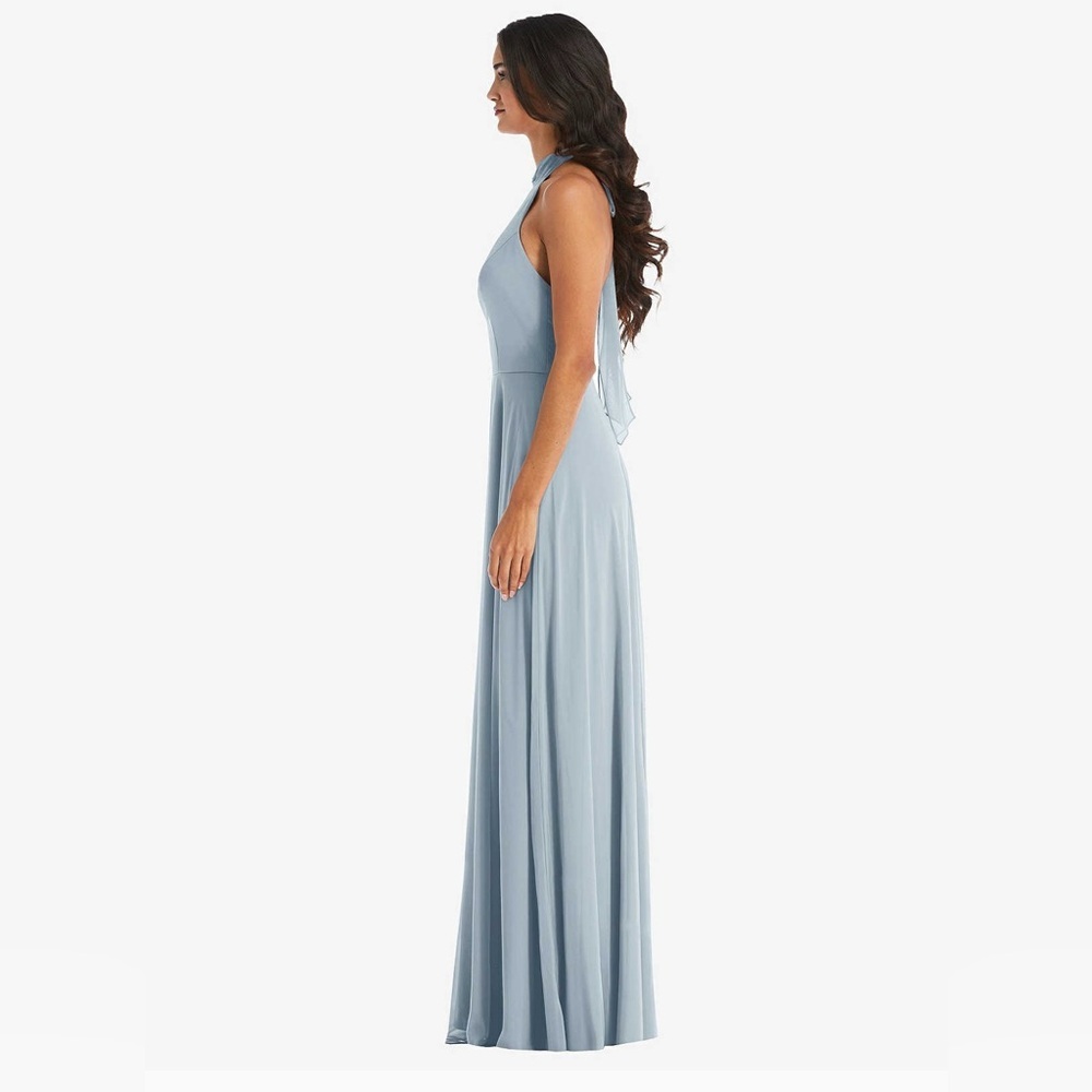 New After Six HIGH NECK HALTER BACKLESS MAXI DRESS IN MIST Size 14R Mist Blue - Picture 4 of 7